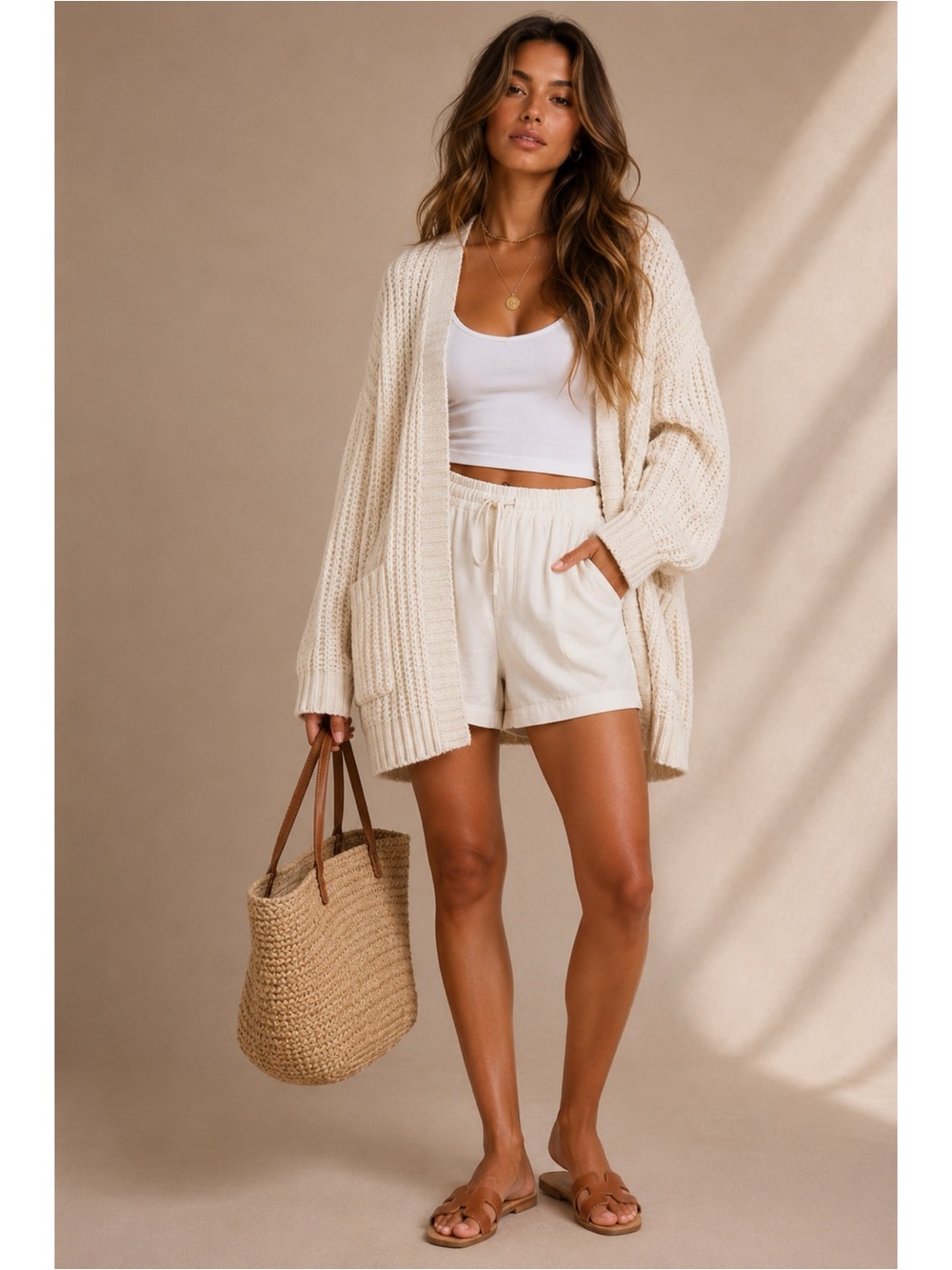 NWT Miracle Chenille Cable Kit Open-Front Cardigan - Beige
